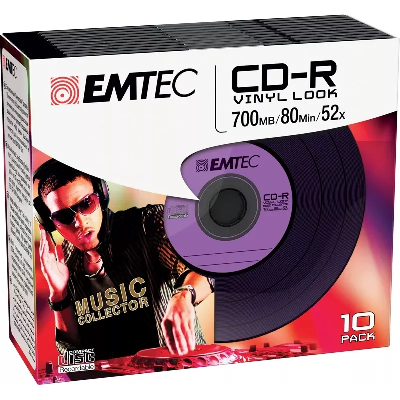 EMTEC Vinyl Look - 10 x CD-R - 700 MB (80 Min) 52x - azul, amarelo, lilás, verde, rosa - Slim Jewel Case