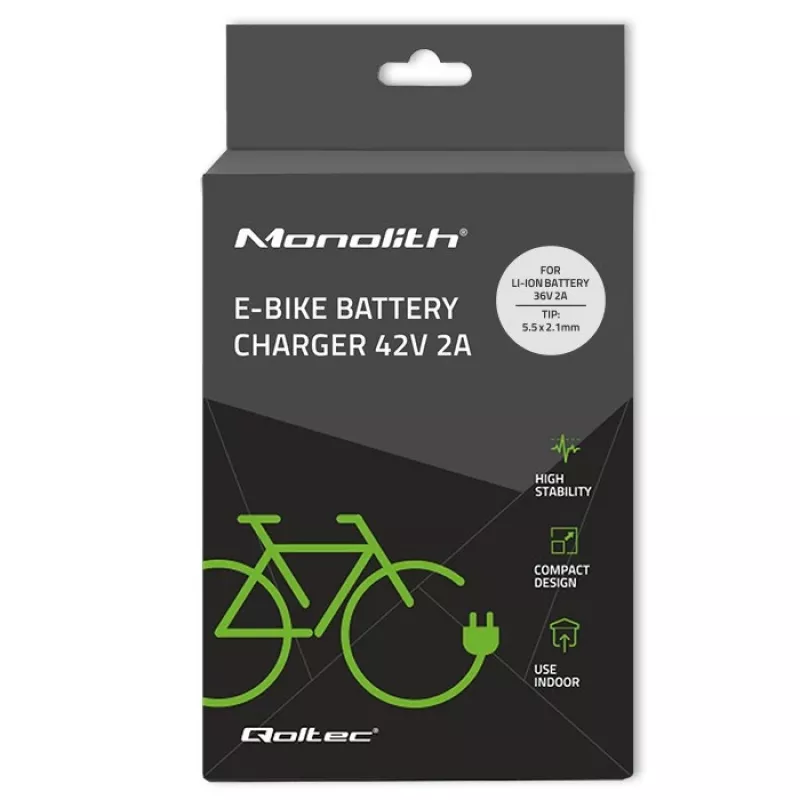 Carregador Qoltec 50760 para baterias de e-bike 36V | 42V | 2A | 5,5*2,1