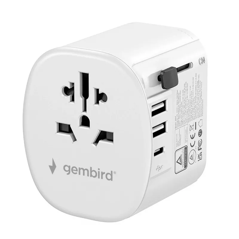 Adaptador de viagem GEMBIRD TPA-EU2A1C15-01-W – 15W, ficha Type-E, 2× USB-A + 1× USB-C, 100–250V