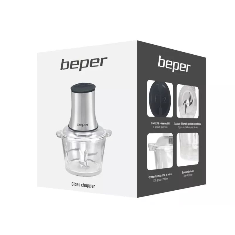 Beper P102ROB001 picador de alimentos, recipiente de vidro de 1,5 l, 500 W, 2 velocidades, 4 lâminas de aço inoxidável, aço inoxidável / preto