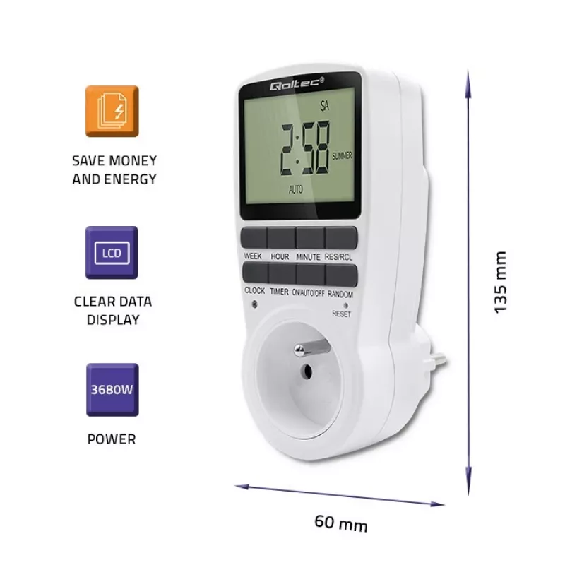 Temporizador eletrónico QOLTEC PC0628 com visor LCD, contagem decrescente de 24 horas