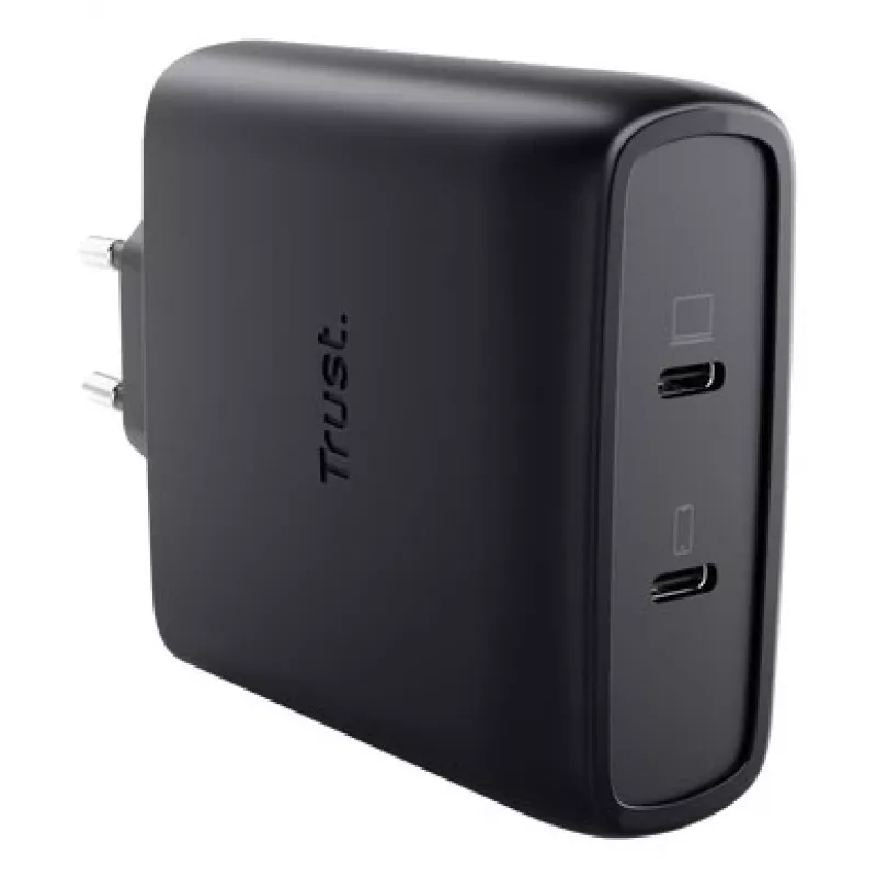 Carregador TRUST Maxo 100W 2 portas USB-C GaN — 100 W, 2× USB-C, máx. 20 V, cabo de 2 m, preto