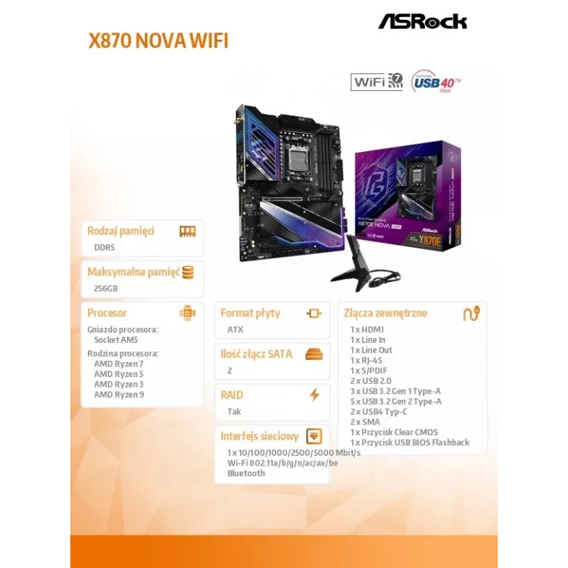 Placa-mãe ASRock X870 NOVA WIFI — AMD X870, socket AM5, ATX, 4× DIMM DDR5, 256 GB, Wi‑Fi 7, 2,5 GbE