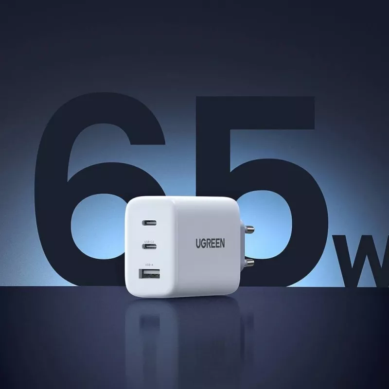 Carregador de parede UGREEN CD275 2× USB Type-C 65W Branco — Carregamento rápido Dual-USB-C 65W, entrada 100–240V
