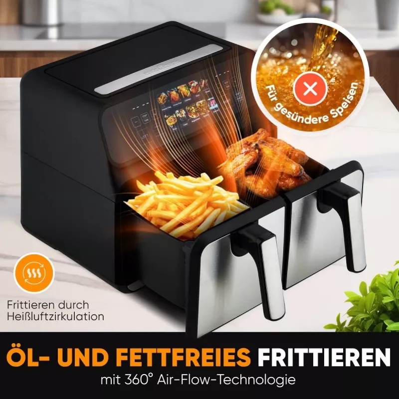 Fritadeira de ar quente ProfiCook PC-FR 1287 H — dupla 8 L, 2200 W, LED tátil, preto/aço inoxidável