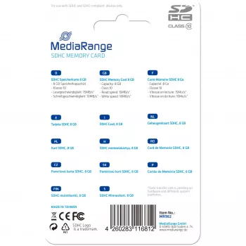 Cartão de memória MediaRange 8 GB SDHC Class 10 MR962