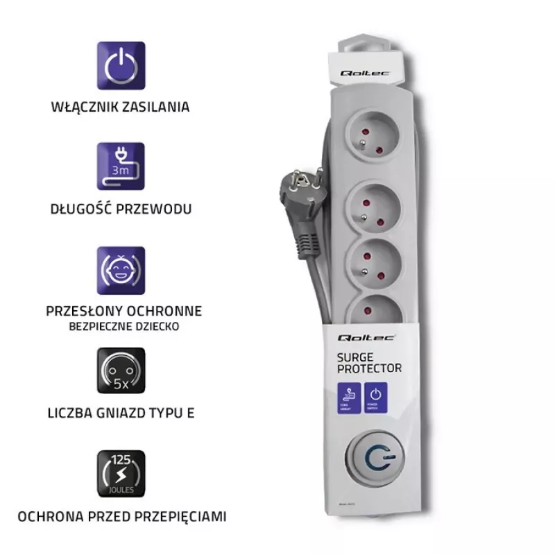 Proteção contra sobretensões Qoltec 50272 cinzento 5 tomadas AC 230V 3m