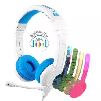 Headset com fios BuddyPhones School+ — arco de cabeça, circum-aural, 20–20000 Hz, cabo 1,4 m, azul/branco