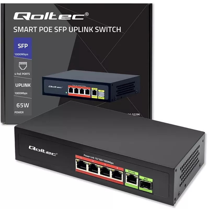 Switch Ethernet PoE QOLTEC 52296 — 4 portas RJ45 PoE, 1 uplink RJ45