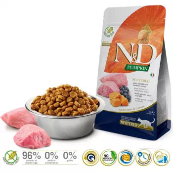 FARMINA N&D Pumpkin Cat Lamb and Blueberry Neutered Adult - alimento seco para gatos - 1,5 kg