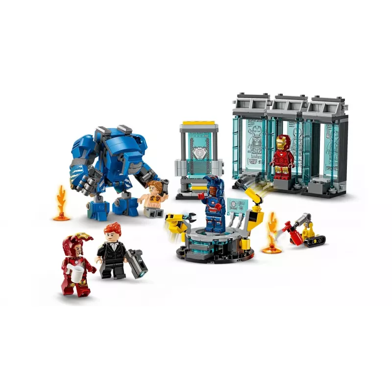 LEGO Marvel Laboratório de Armaria do Homem de Ferro 76315 conjunto de brincar – 384 peças, 5 minifiguras, área de exposição