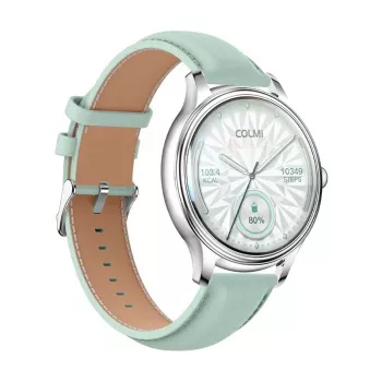 Smartwatch Colmi L28 – caixa prateada-verde com bracelete de couro verde
