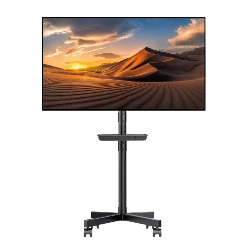 Maclean MC-949 suporte móvel com rodas para TV de 32–55 polegadas, VESA 75×75–400×400, máx. 25 kg, altura 149,5–154,5 cm, inclinação +5°, prateleira, preto