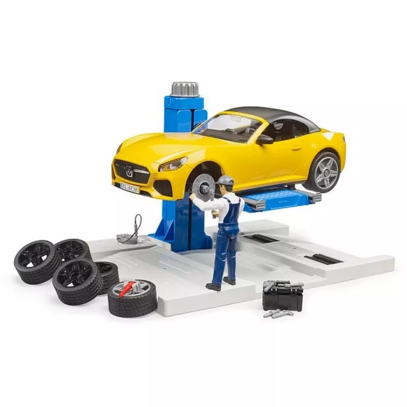 BRUDER Car Service Center bworld 62112 com conjunto de brinquedo roadster, figuras de acessório e elementos de oficina