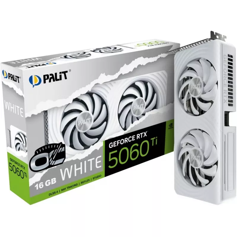 Placa gráfica Palit GeForce RTX 5060 Ti White OC — GeForce RTX 5060 Ti, 16 GB GDDR7, 128 bits, PCIe 5.0, 2407 MHz