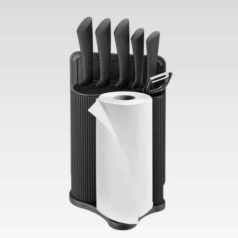 Conjunto de bloco de facas e talheres Maestro MR-1413 – preto, 8 peças, lâminas de aço inoxidável com suporte, porta-rolos de papel