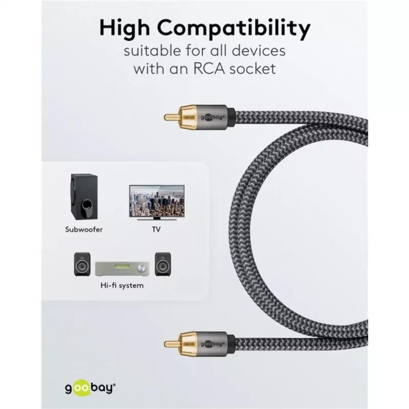 Goobay 65296. Ligação 1: RCA, Conector 1 sexo: Macho, Ligação 2: RCA, Conector 2 sexo: Macho, Material do cabo: Cobre,