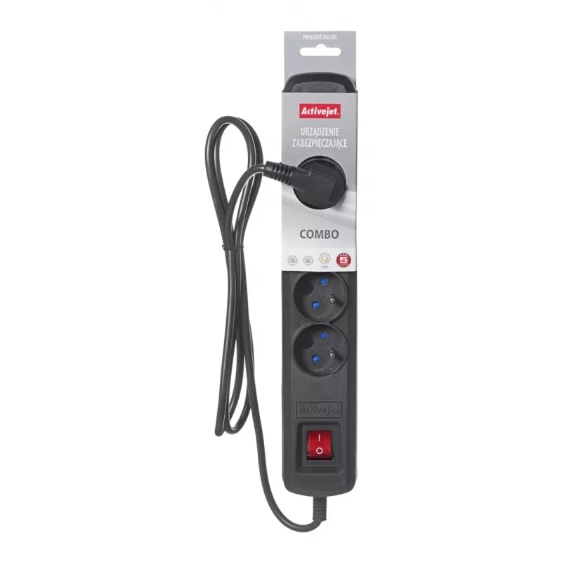 Régua de tomadas preta com cabo Activejet ACJ COMBO 5G/3M/BEZP. AUTO/CZ