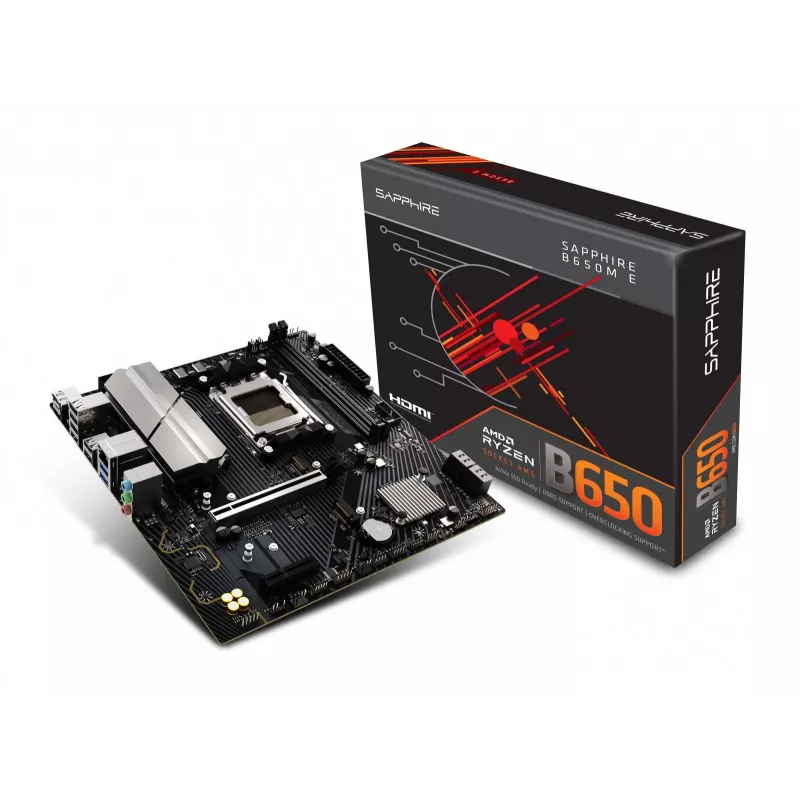 Placa-mãe Sapphire B650M-E (AMD B650) micro ATX, socket AM5, DDR5, 2x DIMM, 96GB, 2x M.2 (PCIe5/4), 4x SATA III, LAN 2,5Gb