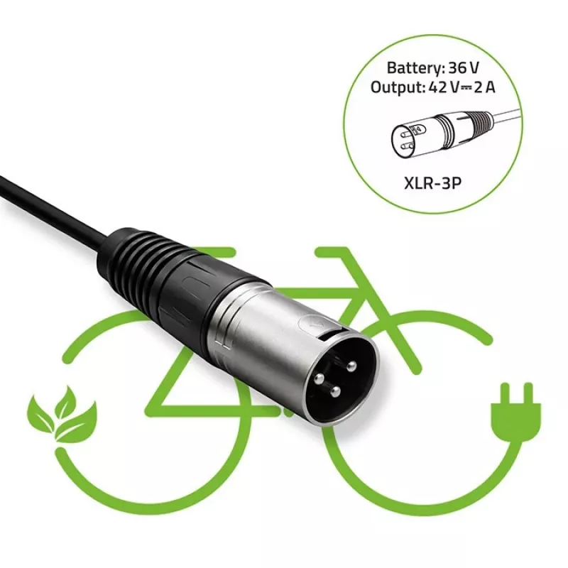 Carregador para bicicleta elétrica 36V 42V 2A 3P XLR 18mm