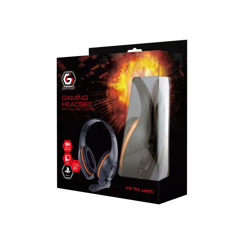 Gembird GHS-05-O auscultadores gaming com fio, on-ear, 3,5 mm, controlo de volume, 20-20000 Hz, 32 Ohm, cabo de 2 m, preto/laranja