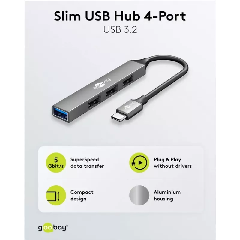 Hub USB Goobay Slim 4 portas, USB-C™ para USB-A, USB 3.2 (74457)