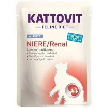 KATTOVIT comida seca veterinária para gatos adultos, Kattovit comida seca 85g – sabor a pato, saco de 85 g, para insuficiência renal