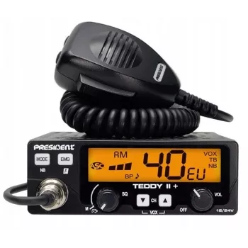 Rádio CB President Teddy II+ — 40 canais, 4 W potência de emissão, 12/24 V, filtro de interferências, 125×125×45 mm