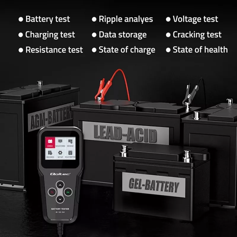 Qoltec 52489 Analisador e testador digital de baterias 3-em-1 com LCD e multilingue 6V | 12V | 24V | 30Ah-200Ah