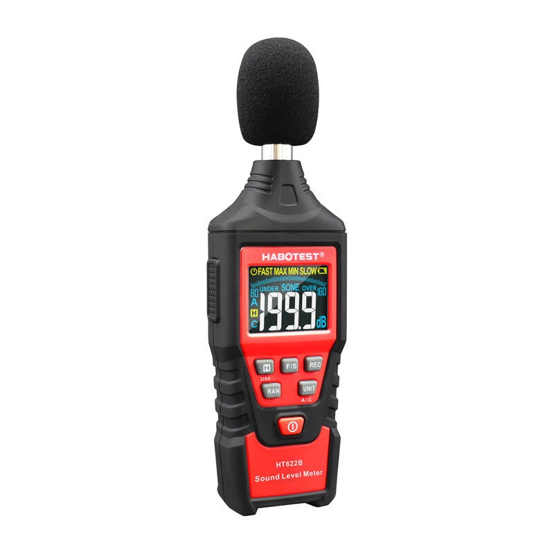 Medidor digital de decibéis Habotest HT622B — medidor de nível sonoro com ponderação A/C, interface USB