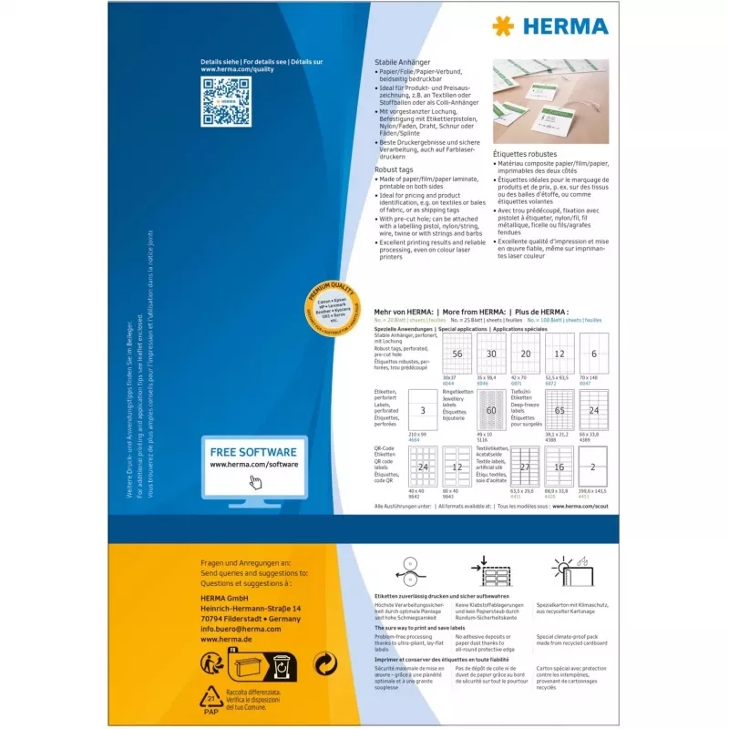 Etiquetas robustas HERMA A4 52,5x93,5 mm branco papel não adesivo 1200 unidades