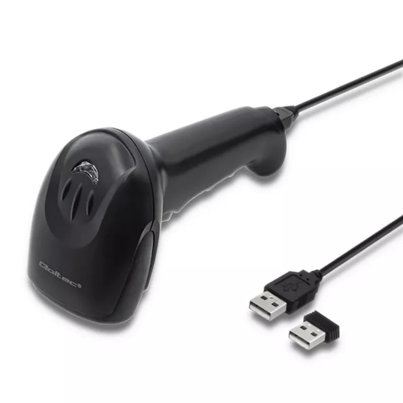 Leitor de códigos de barras manual QOLTEC 50868 — leitor laser 1D/2D, USB com e sem fios, distância de trabalho 600 mm, preto