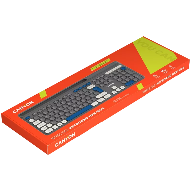 Teclado sem fios CANYON HKB-W03 cinzento – design compacto, alimentado por pilhas AAA, modelo CNS-HKBW03DG