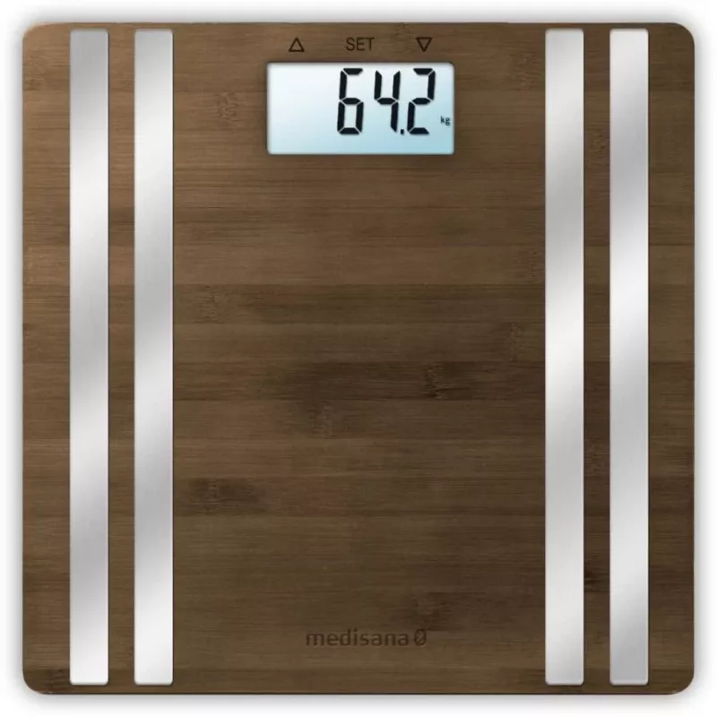 Balança de pessoa eletrónica Medisana BS 552 — cor prateada com superfície de bambu, máx. 180 kg, precisão de 100 g, Bluetooth, IMC, composição corporal