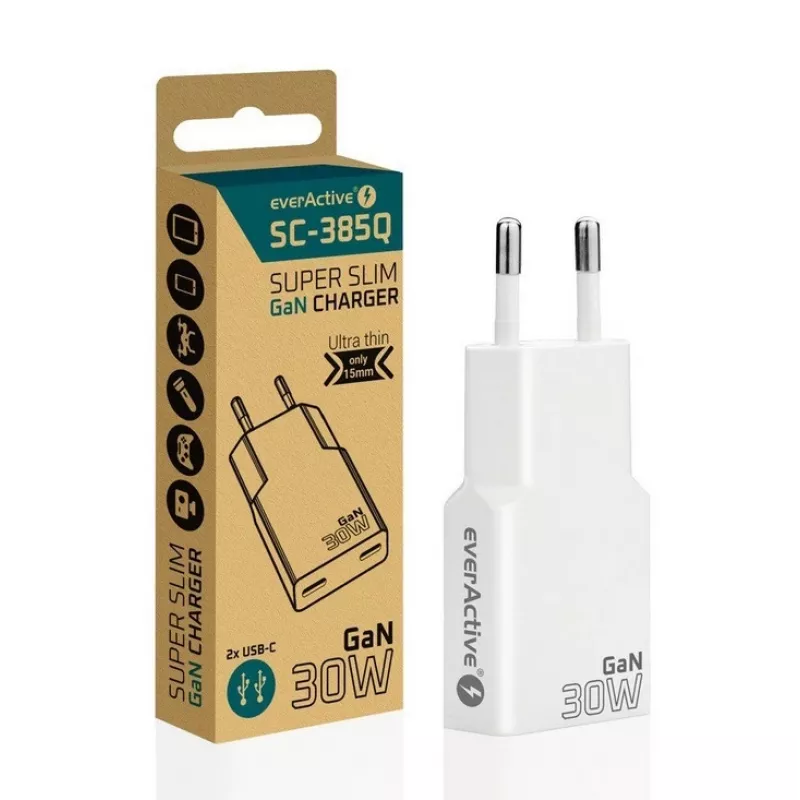 Fonte de alimentação everActive SC-385Q Super slim QC 4 Fast Charging — carregador rápido USB, design compacto