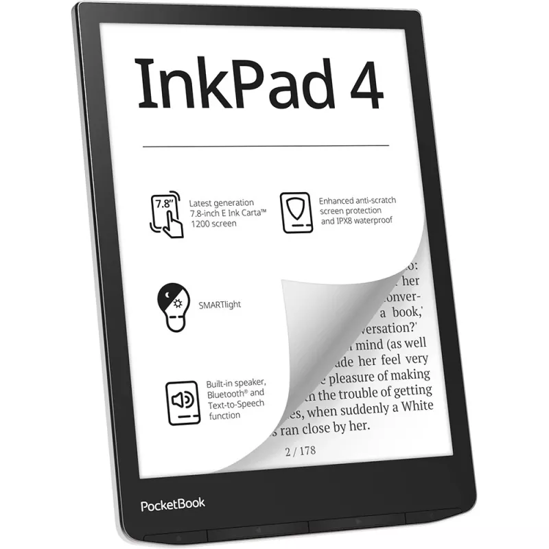 PocketBook InkPad 4 - 19,8 cm (7.8) - E Ink Carta - 1404 x 1872 píxeis - ACSM - AZW - AZW3 - CBR - CBZ - CHM - DOC - DOCX - DjVu - EPUB - EPUB DRM - FB2 - FB2.ZIP - HTM - HTML - MOB