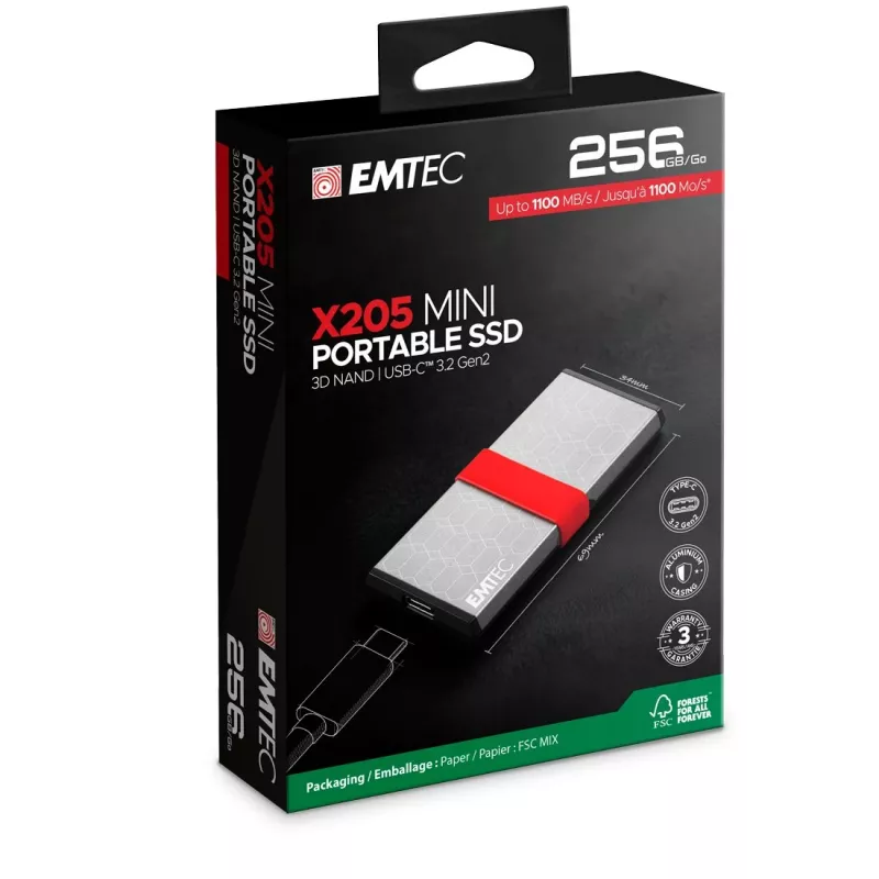SSD Emtec 256GB Mini USB Type-C USB 3.2 Gen 2x2 prateado