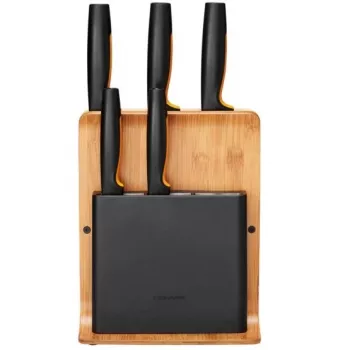 Bloco de facas com ranhuras Fiskars 1057552 — bloco de facas retangular em madeira com 5 ranhuras, aço inoxidável, comprimento máx. da faca 21,3 cm