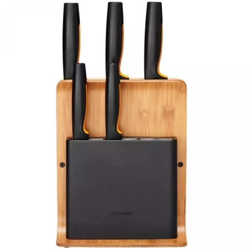 Fiskars Functional Form 1057552 conjunto de facas com bloco de bambu, 5 facas, aço inoxidável, preto/laranja