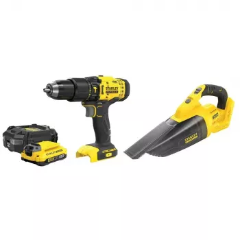 Conjunto de aparafusadora com bateria STANLEY SFMCK219D1-QW — 18V (20V tensão nominal) Li-Ion, bateria 2 Ah, aparafusadora DCD709, conjunto de 6 peças com carregador, mala, luz LED