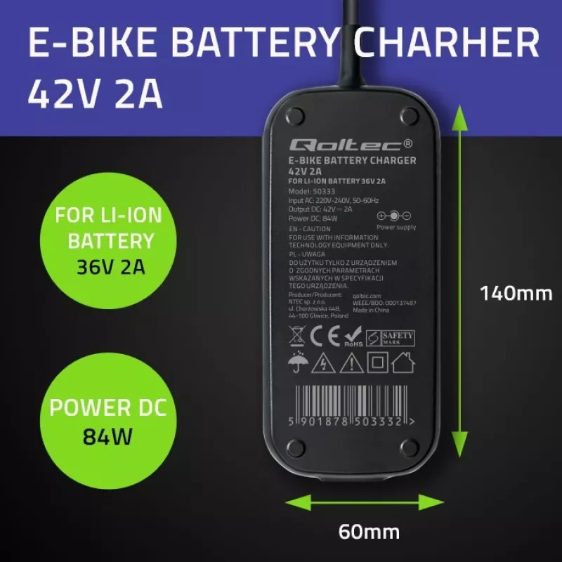 Carregador rápido Qoltec para trotinete elétrica e e-bike 36V | 42V | 2A | 5,5*2,5 | à prova de água + cabo de alimentação