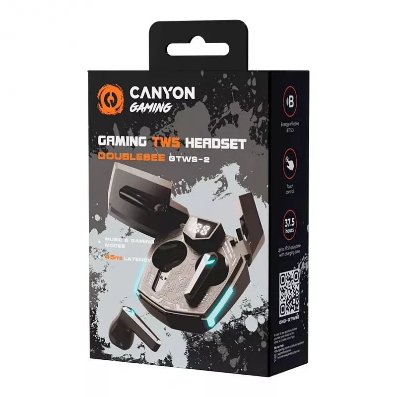 Auscultadores Canyon GTWS-2 sem fios Ear-Hook Gaming USB Type-C Bluetooth com dock de carregamento Preto (CND-GTWS2B)
