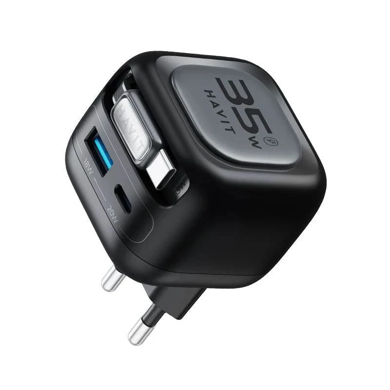 Havit UC250 A-EU carregador de viagem GaN com cabo extensível, preto
