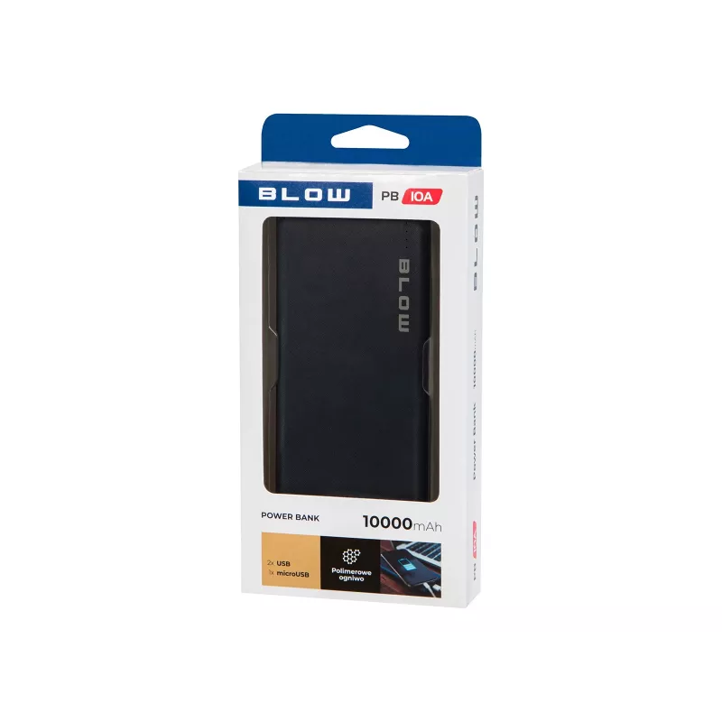 Powerbank portátil BLOW PB10A 10000mAh bateria de polímero, 2 saídas USB-A, 22,5W de potência total, entrada Micro-USB, preto