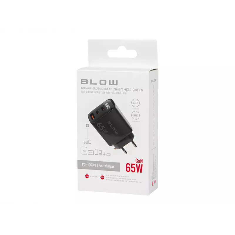 Carregador de parede LCD tomada USB + USB-Cx2 PD 65W GAN preto com wattímetro