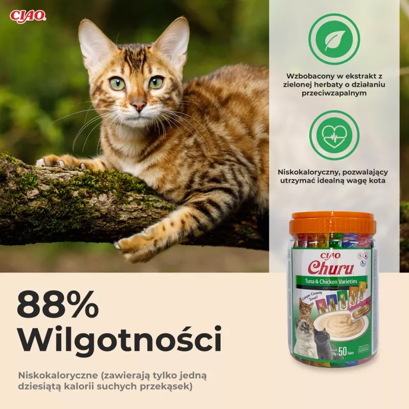 Petiscos húmidos para gatos INABA Churu sabores — frango e atum, 50 x 14 g tubos de pasta, sem cereais, sem glúten e sem açúcar