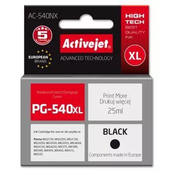 Tinteiro Activejet AC-540NX para impressoras Canon (substituto para Canon PG-540XL) Supreme, 25 ml, preto