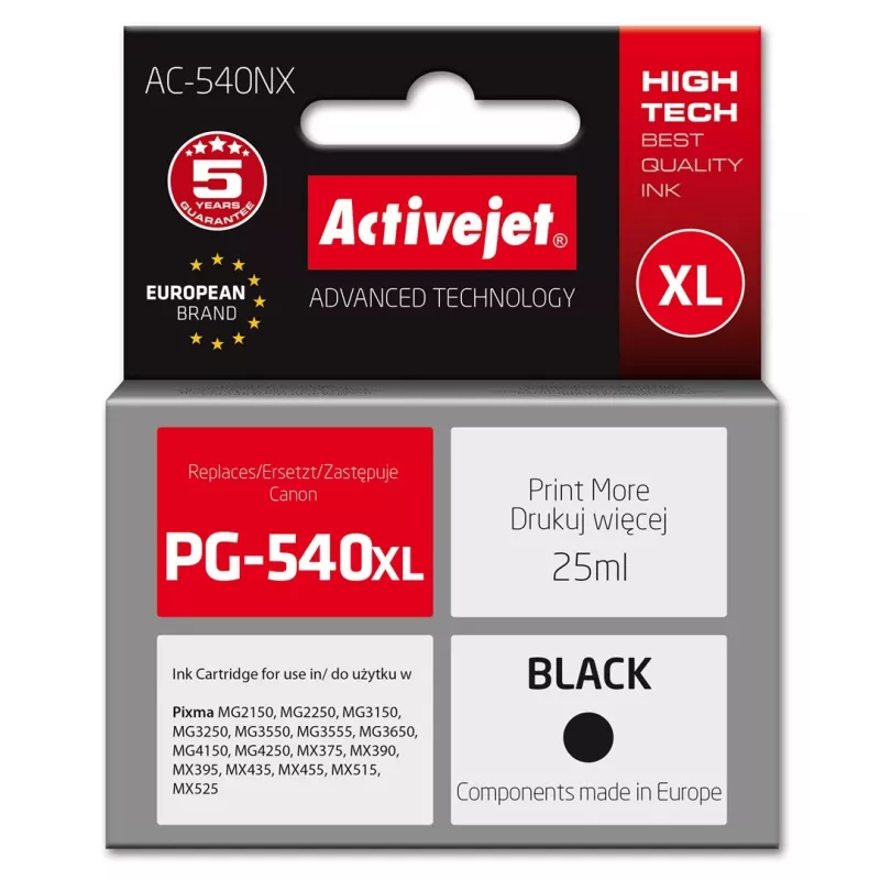 Tinteiro Activejet AC-540NX para impressoras Canon (substituto para Canon PG-540XL) Supreme, 25 ml, preto