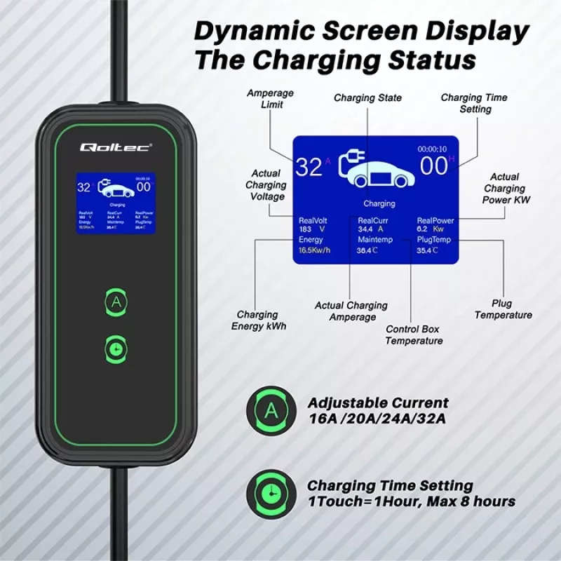 Carregador móvel para carro elétrico Qoltec ajustável 2em1 Type2 | 7kW | 230V | CEE 3 PIN | Wi-Fi | LCD | portátil | wallbox | 5m