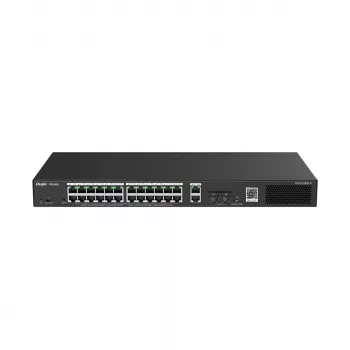 Switch gerido RUIJIE RG-ES228GS-P — 26x Gigabit RJ-45, 24x portas PoE, orçamento PoE 370W, 2x SFP, montagem em rack metálico
